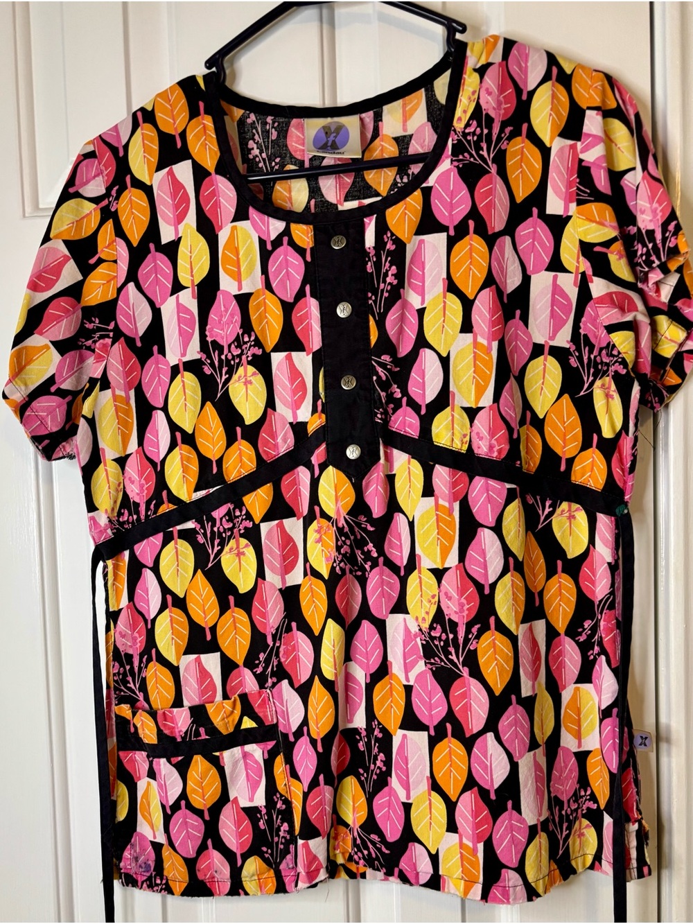 Landau Black Button-Front scrub Top with Pink Yellow Orange Leaf Print